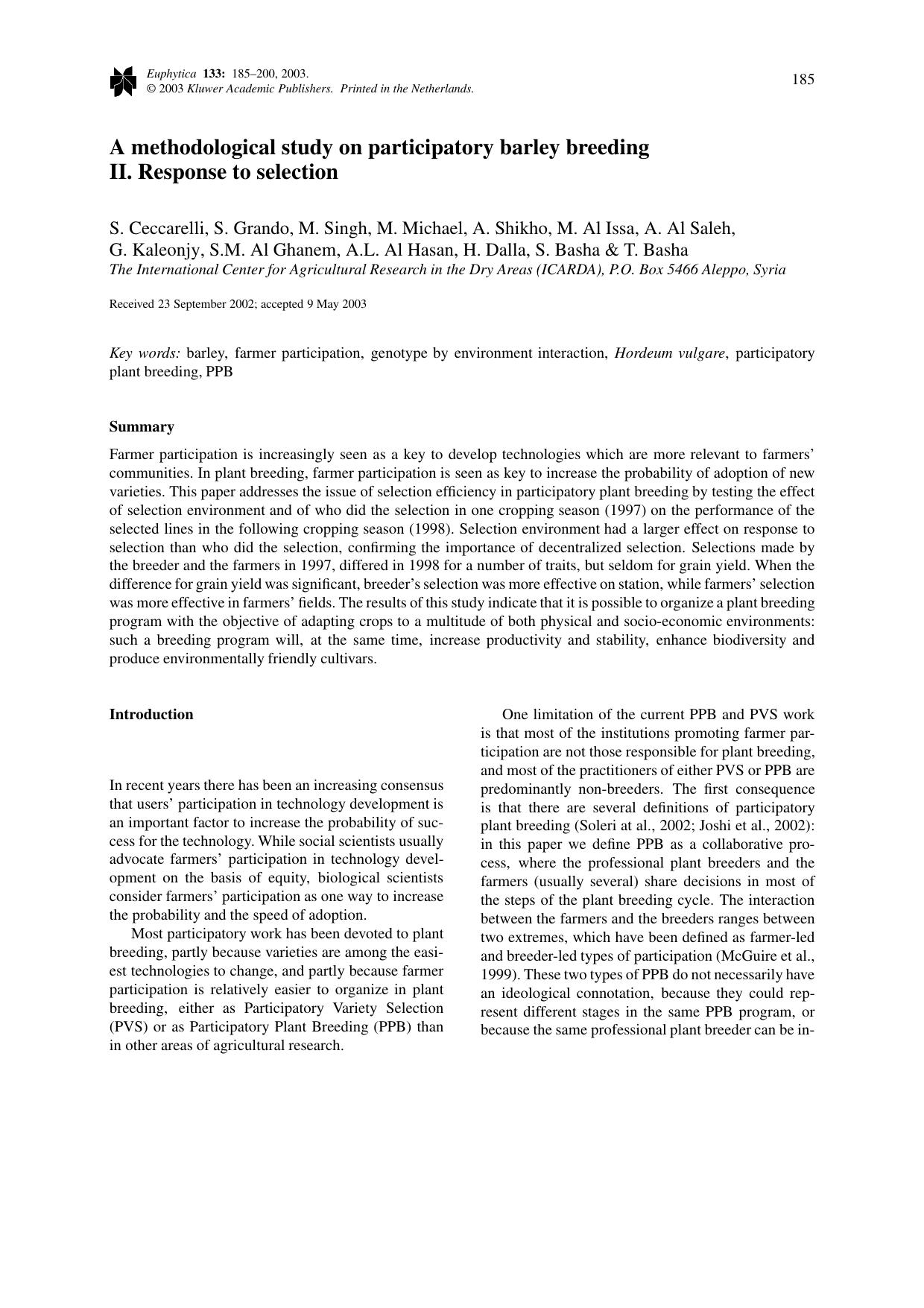 A methodological study on participatory barley breeding II. Response to selection by Unknown
