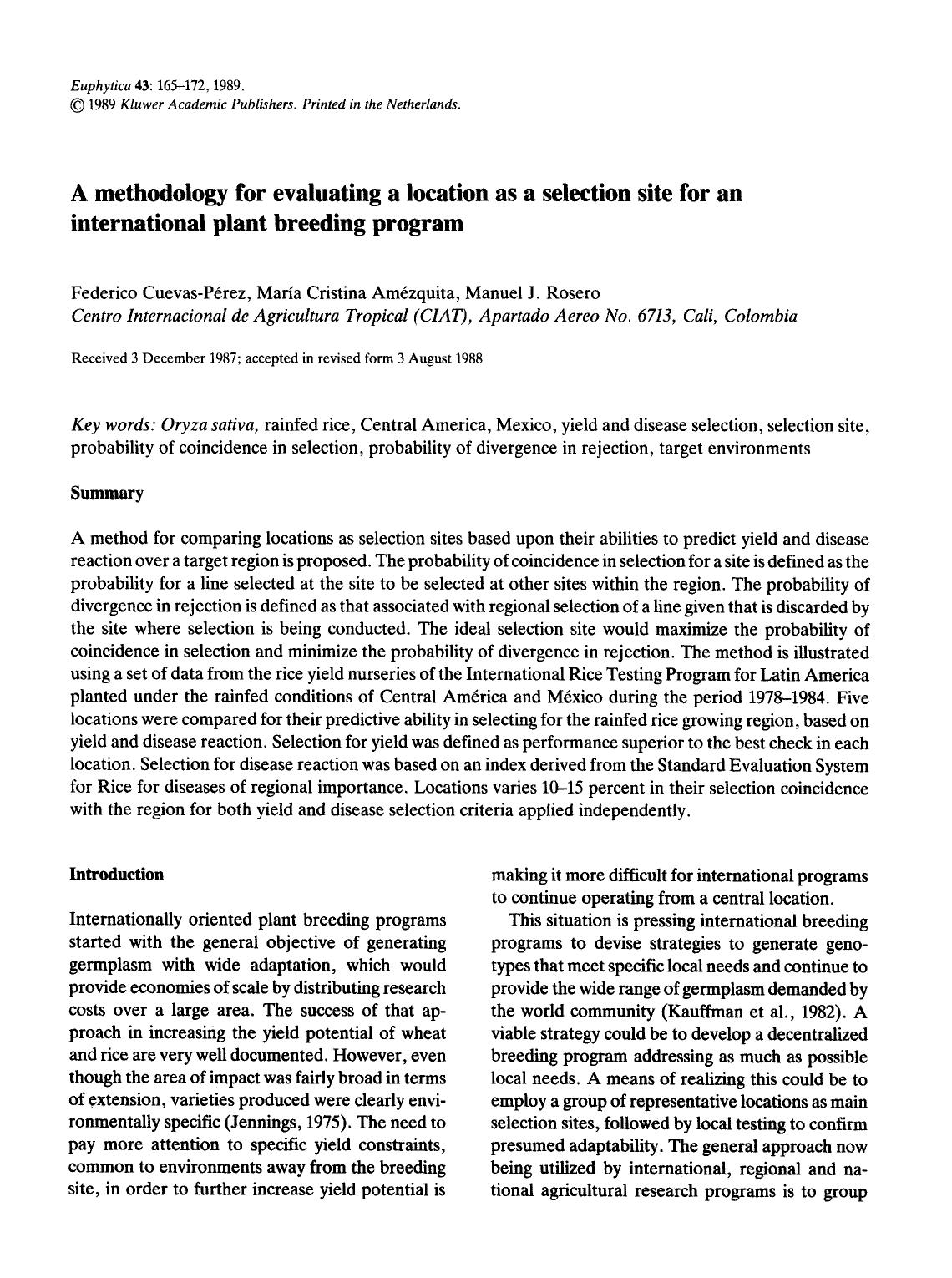 A methodology for evaluating a location as a selection site for an international plant breeding program by Unknown