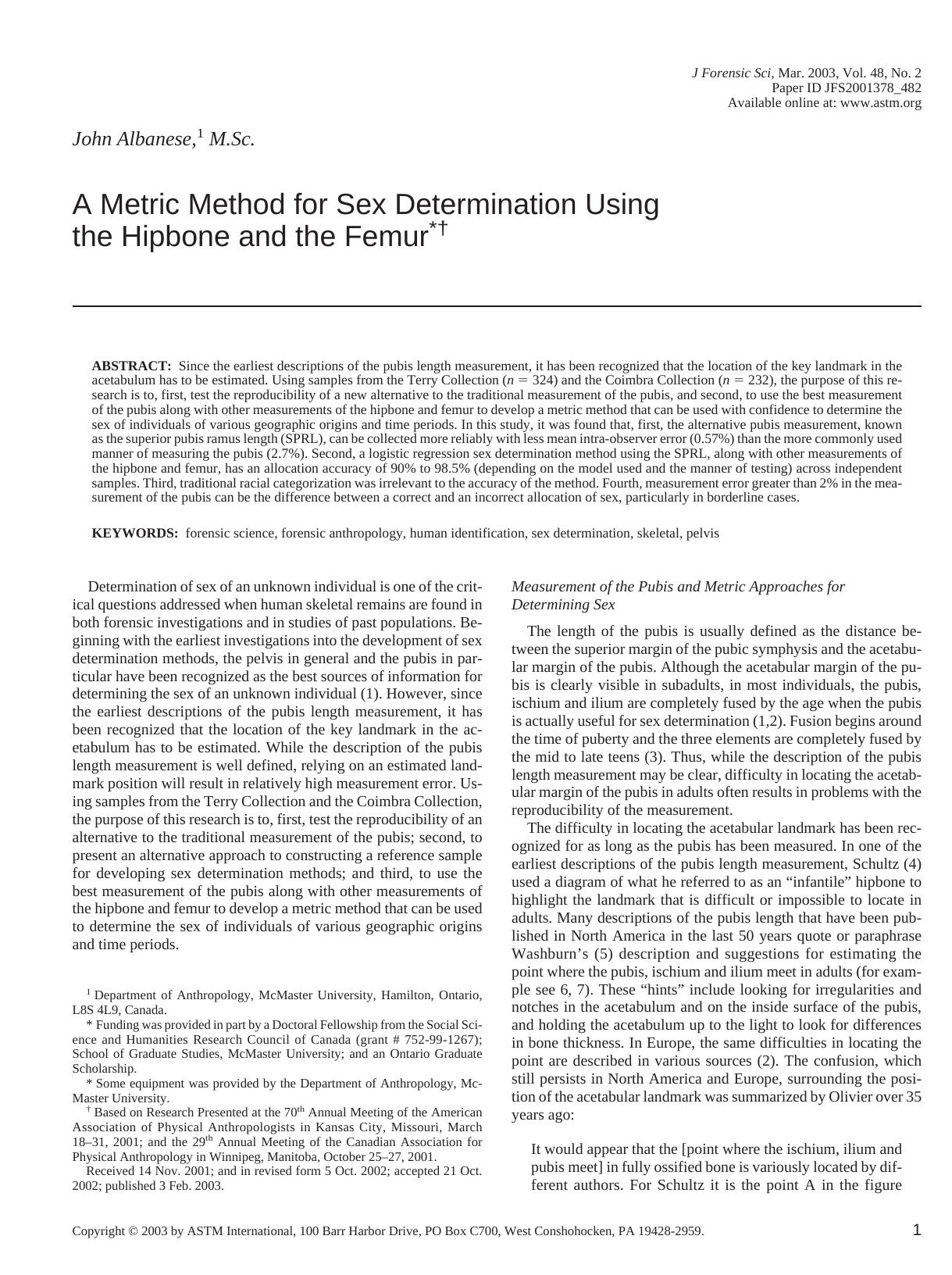 A metric method for sex determination using the hipbone and the femur by Albanese J