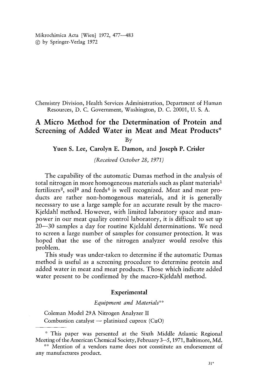 A micro method for the determination of protein and screening of added water in meat and meat products by Unknown