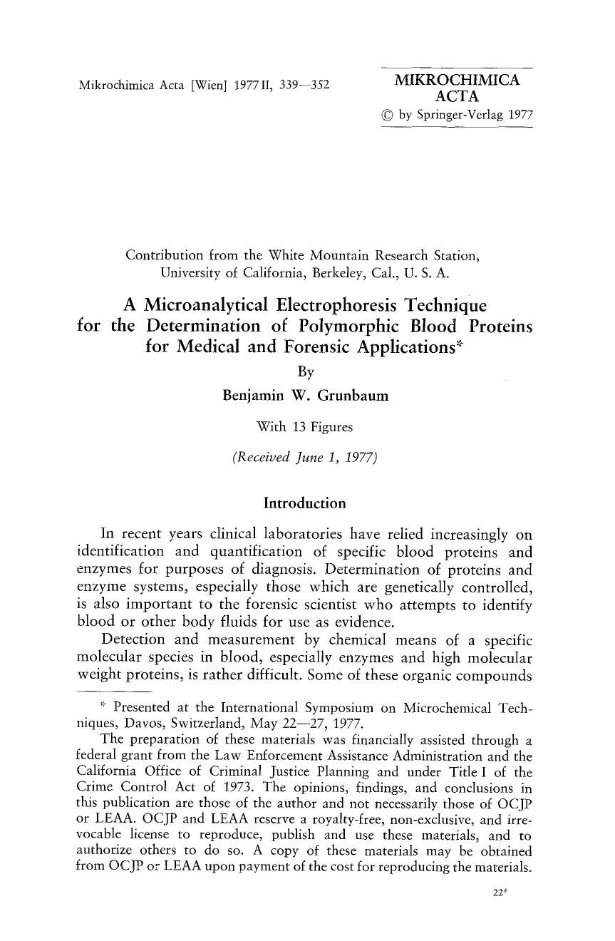 A microanalytical electrophoresis technique for the determination of polymorphic blood proteins for medical and forensic applications by Unknown
