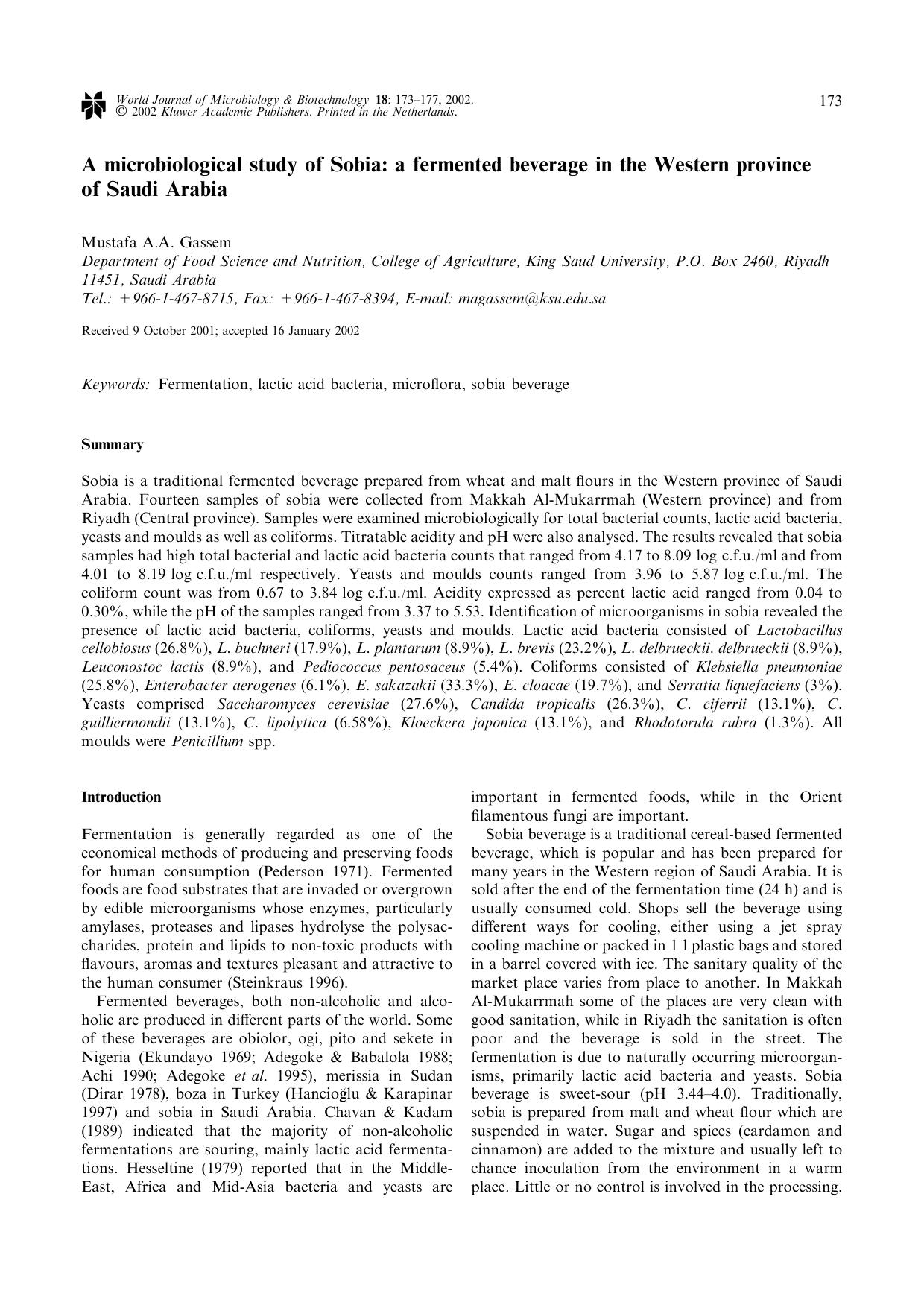 A microbiological study of Sobia: a fermented beverage in the Western province of Saudi Arabia by Unknown