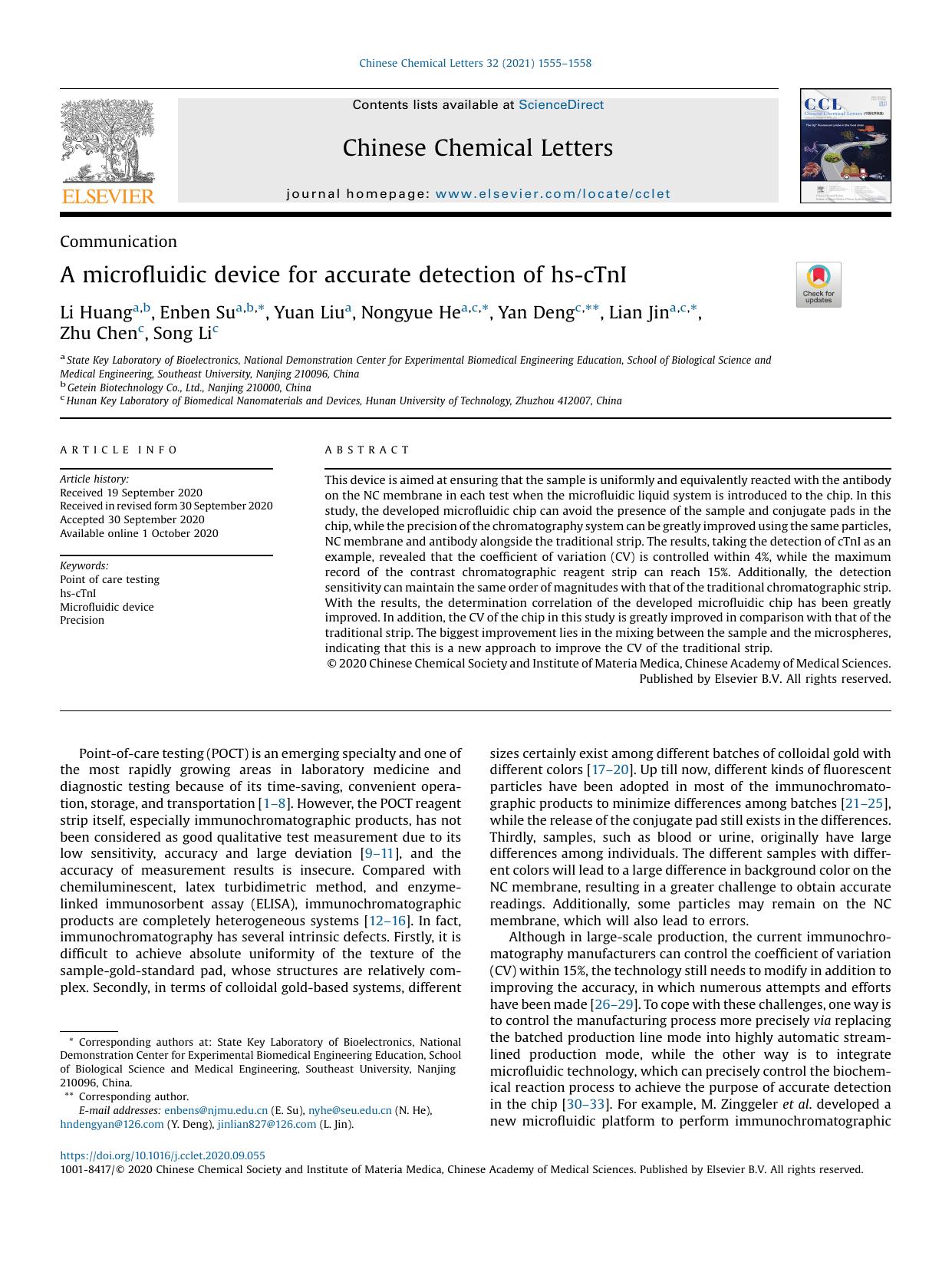 A microfluidic device for accurate detection of hs-cTnI by Li Huang & Enben Su & Yuan Liu & Nongyue He & Yan Deng & Lian Jin & Zhu Chen & Song Li
