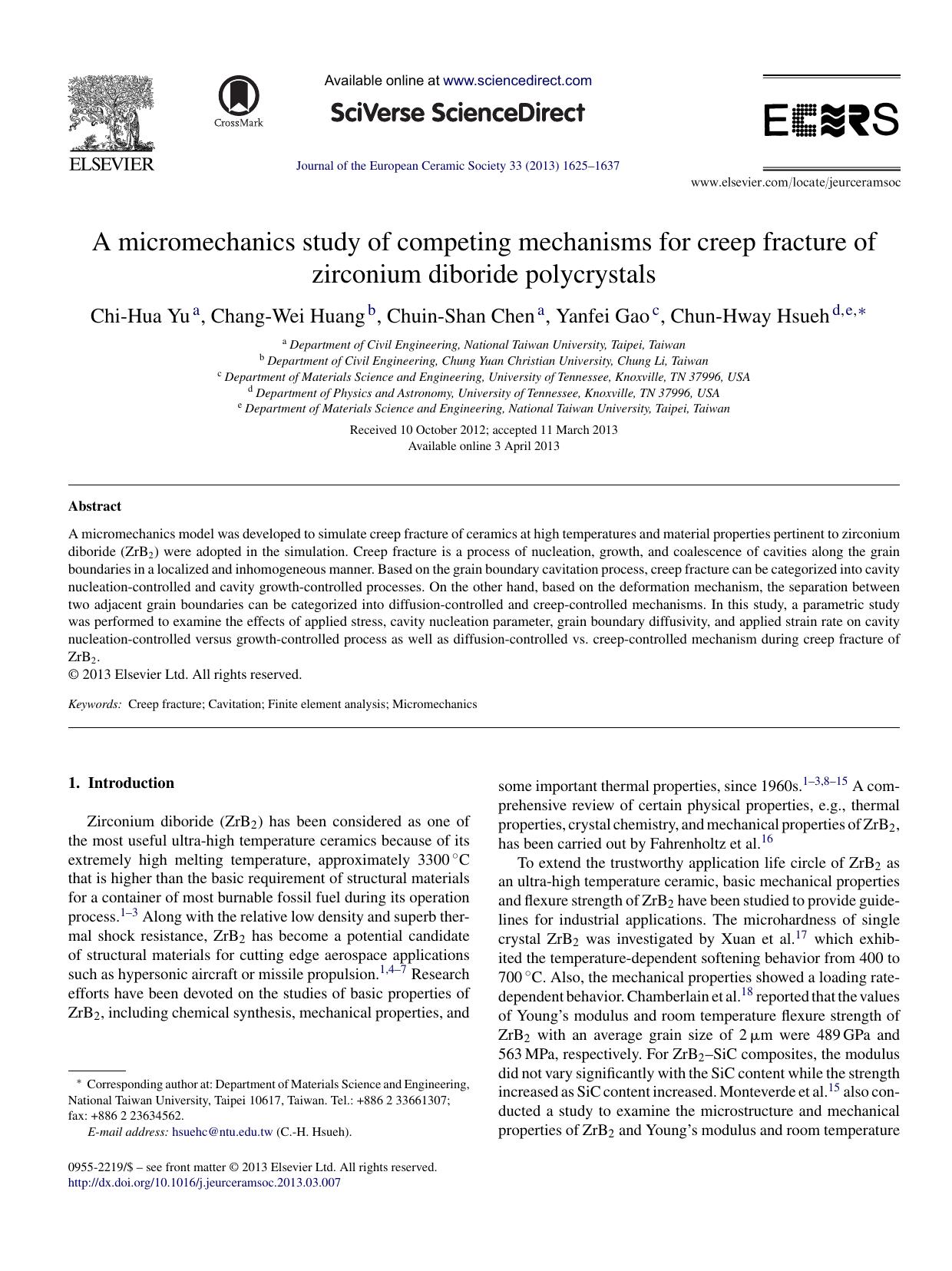 A micromechanics study of competing mechanisms for creep fracture of zirconium diboride polycrystals by Chi-Hua Yu
