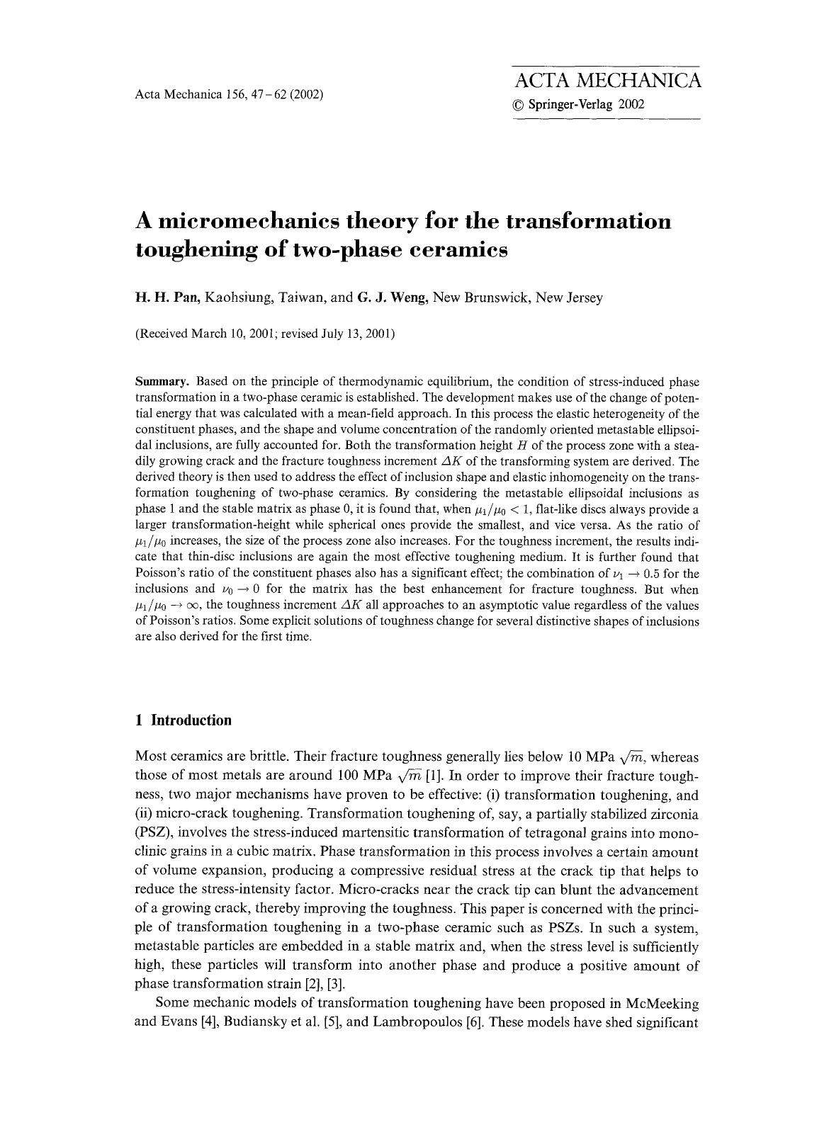 A micromechanics theory for the transformation toughening of two-phase ceramics by Unknown