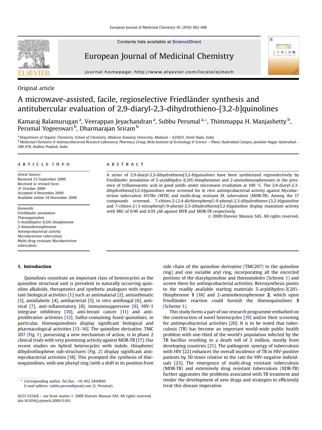 A microwave-assisted, facile, regioselective FriedlAnder synthesis and antitubercular evaluation of 2,9-diaryl-2,3-dihydrothieno-[3,2-b]quinolines by unknow