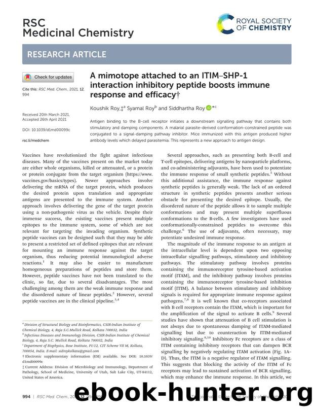 A mimotope attached to an ITIMâSHP-1 interaction inhibitory peptide boosts immune response and efficacy by Koushik Roy & Syamal Roy & Siddhartha Roy