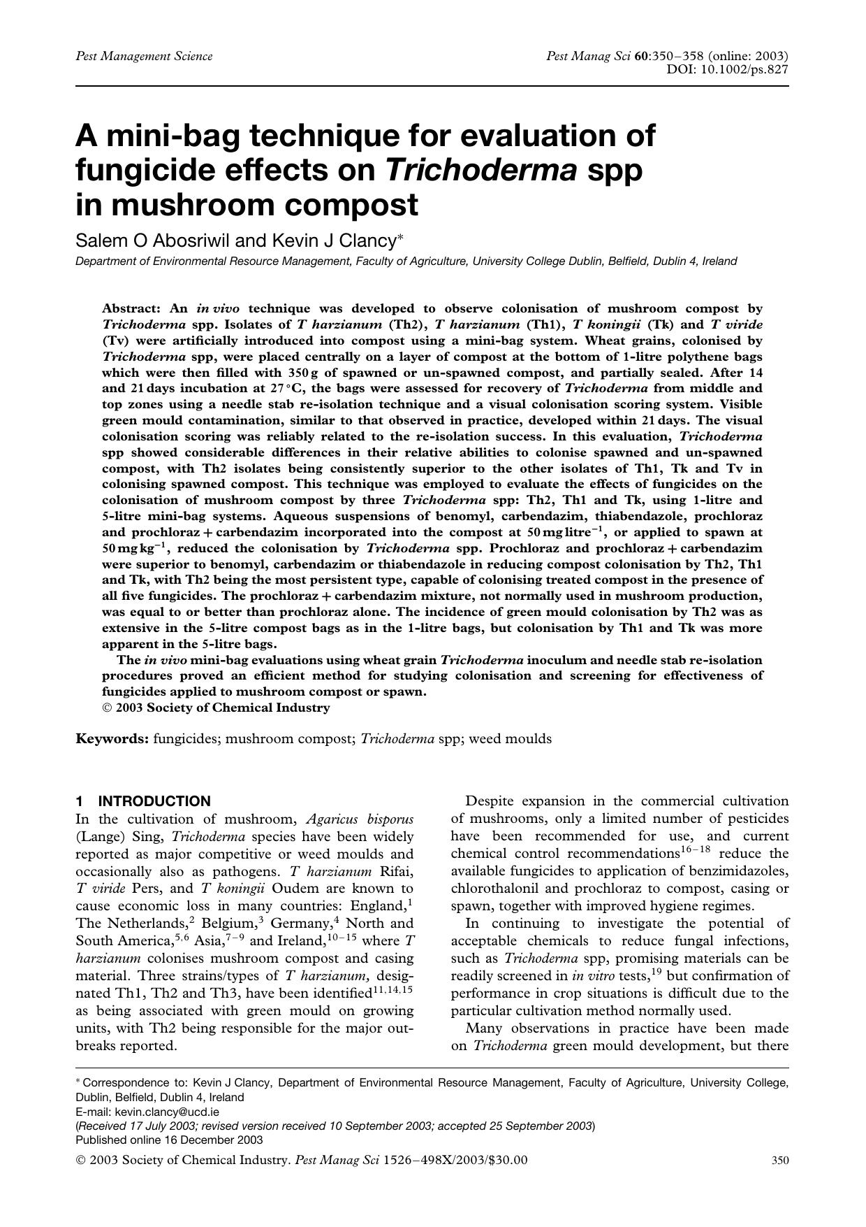 A mini-bag technique for evaluation of fungicide effects on Trichoderma spp in mushroom compost by Unknown