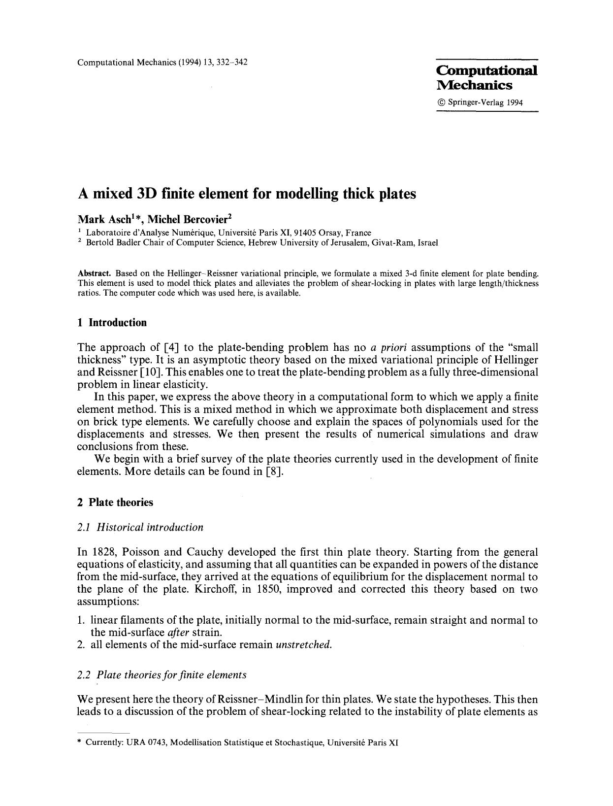 A mixed 3D finite element for modelling thick plates by Unknown