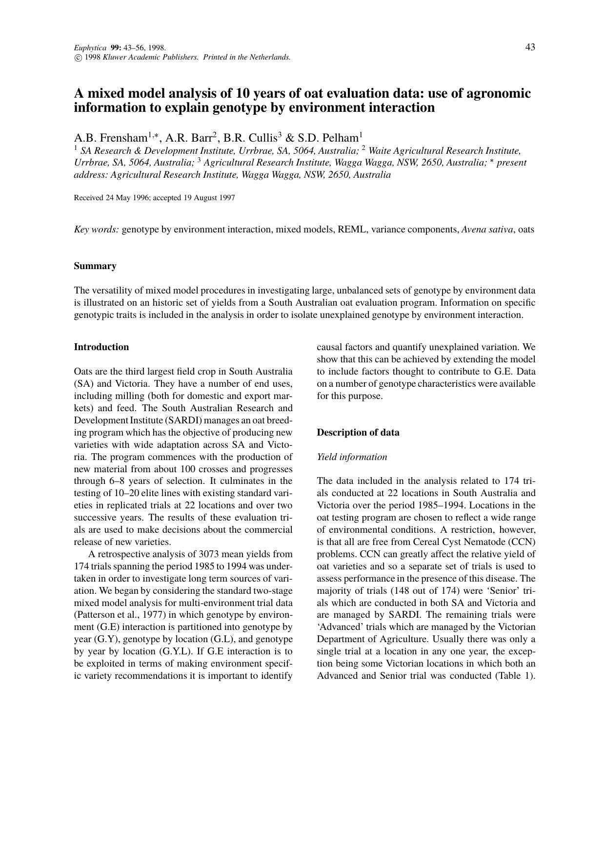 A mixed model analysis of 10 years of oat evaluation data: use of agronomic information to explain genotype by environment interaction by Unknown