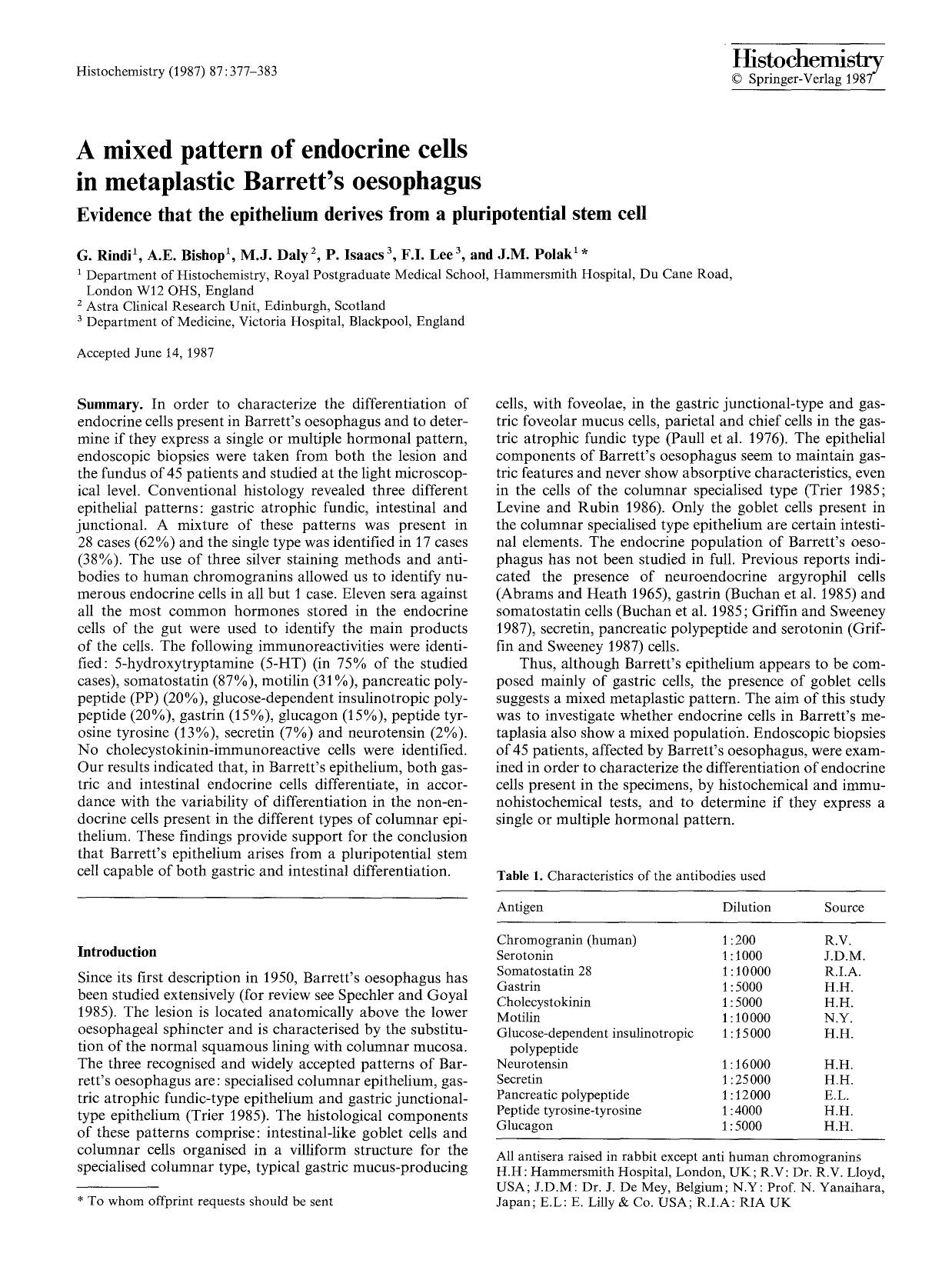 A mixed pattern of endocrine cells in metaplastic Barrett's oesophagus by Unknown