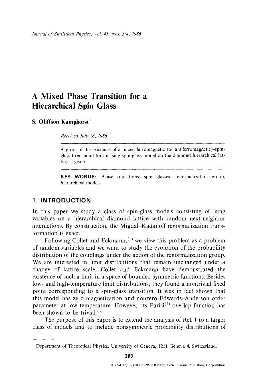 A mixed phase transition for a hierarchical spin glass by Unknown