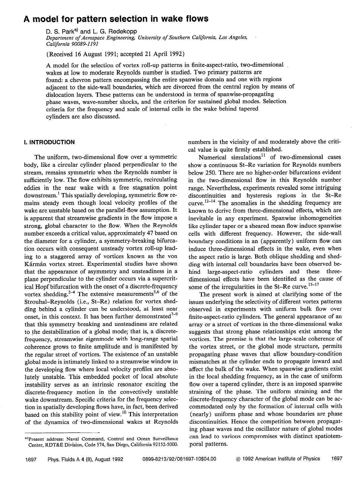 A model for pattern selection in wake flows by D. S. Park; L. G. Redekopp