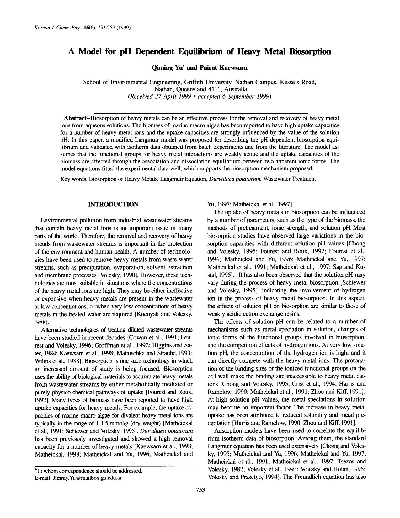 A model for ph dependent equilibrium of heavy metal biosorption by Unknown