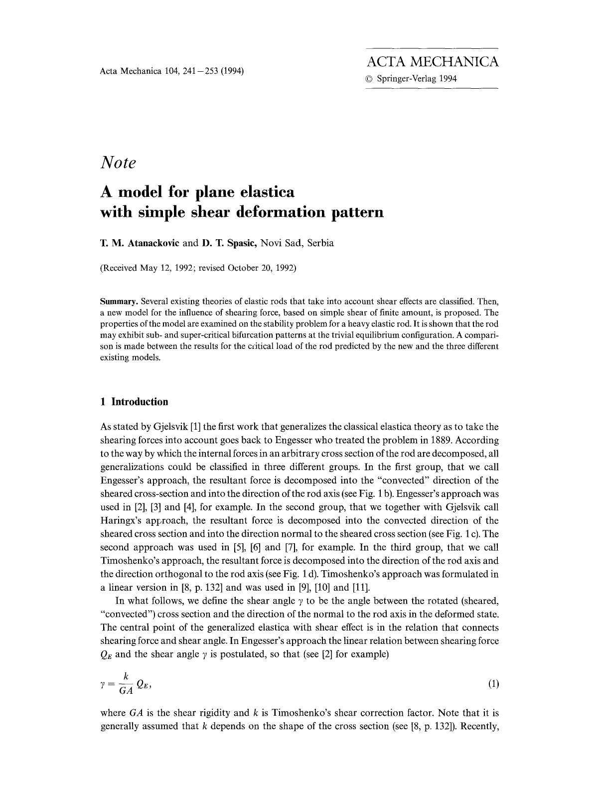 A model for plane elastica with simple shear deformation pattern by Unknown