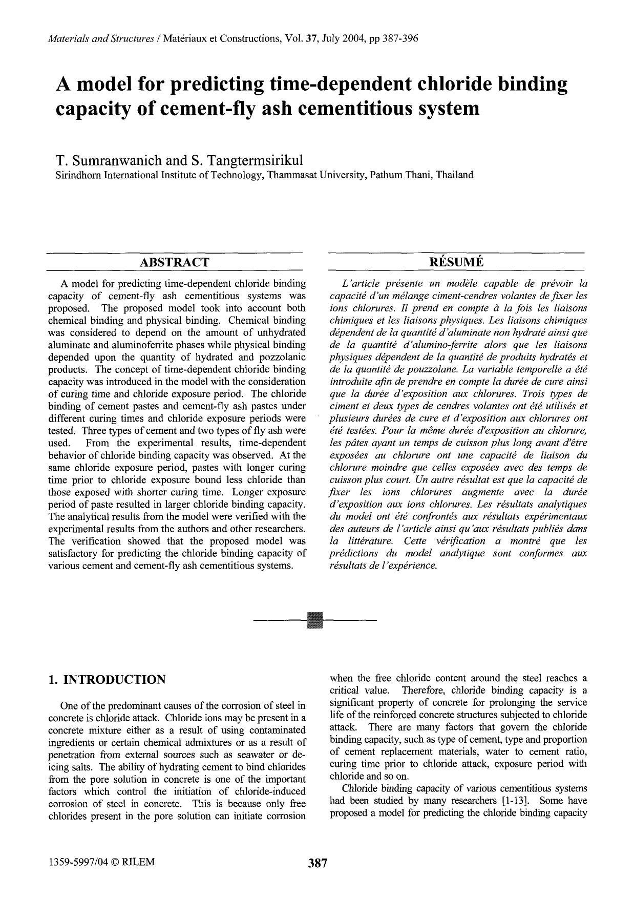 A model for predicting time-dependent chloride binding capacity of cement-fly ash cementitious system by Unknown