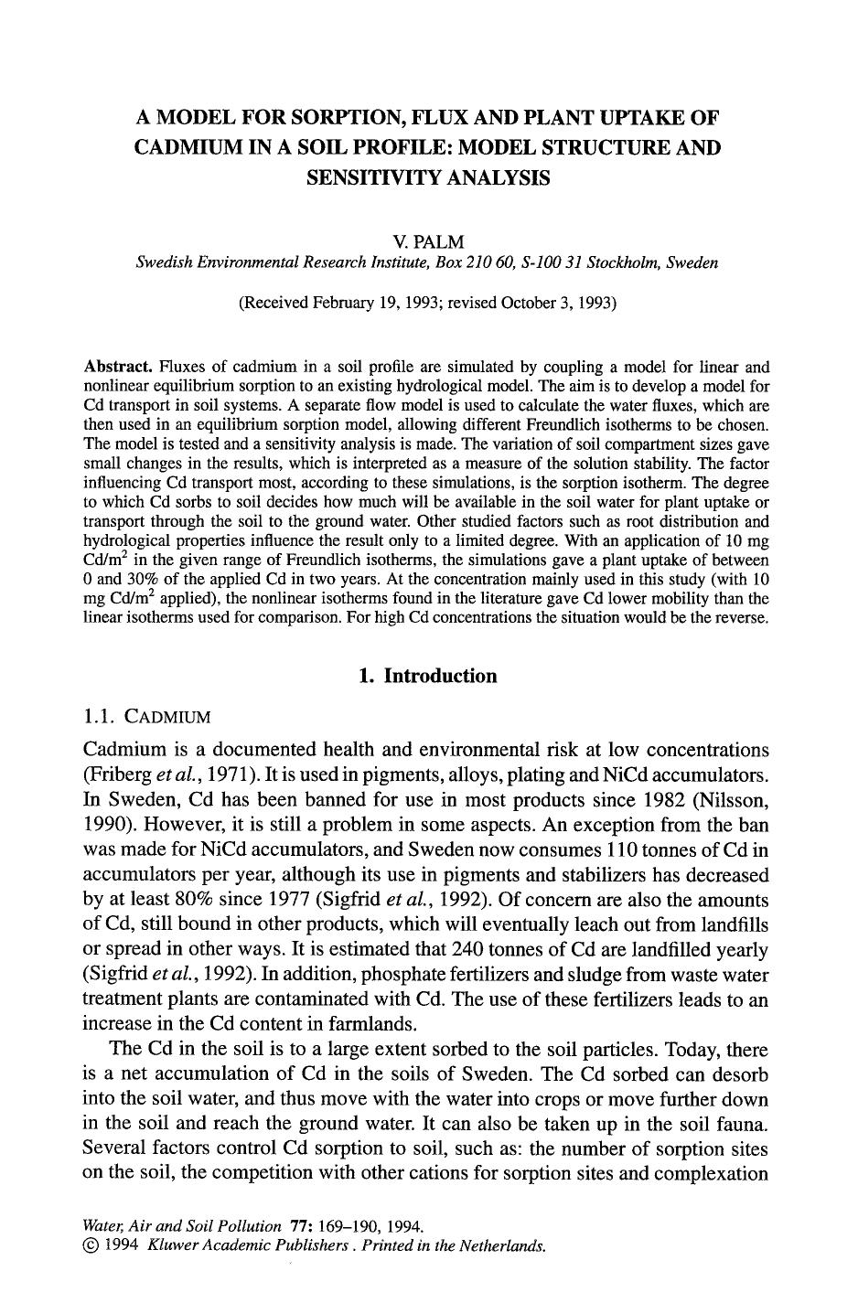 A model for sorption, flux and plant uptake of cadmium in a soil profile: Model structure and sensitivity analysis by Unknown