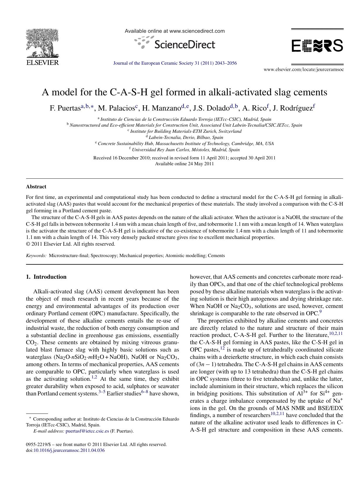 A model for the C-A-S-H gel formed in alkali-activated slag cements by F. Puertas