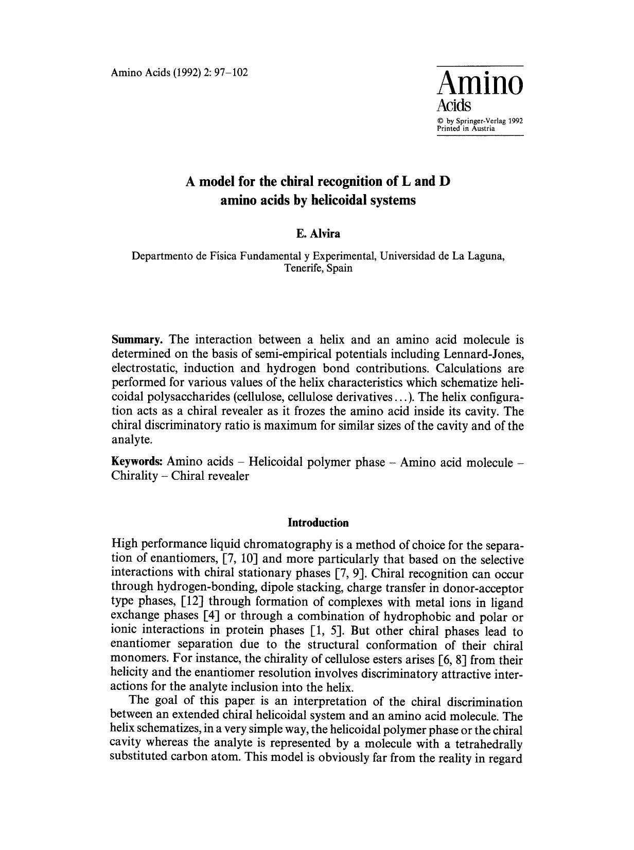 A model for the chiral recognition of L and D amino acids by helicoidal systems by Unknown