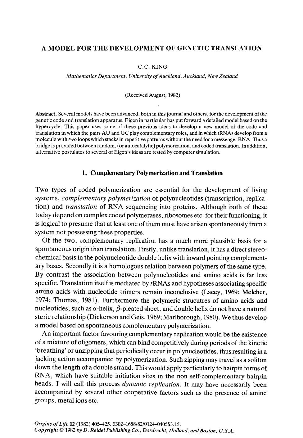 A model for the development of genetic translation by Unknown