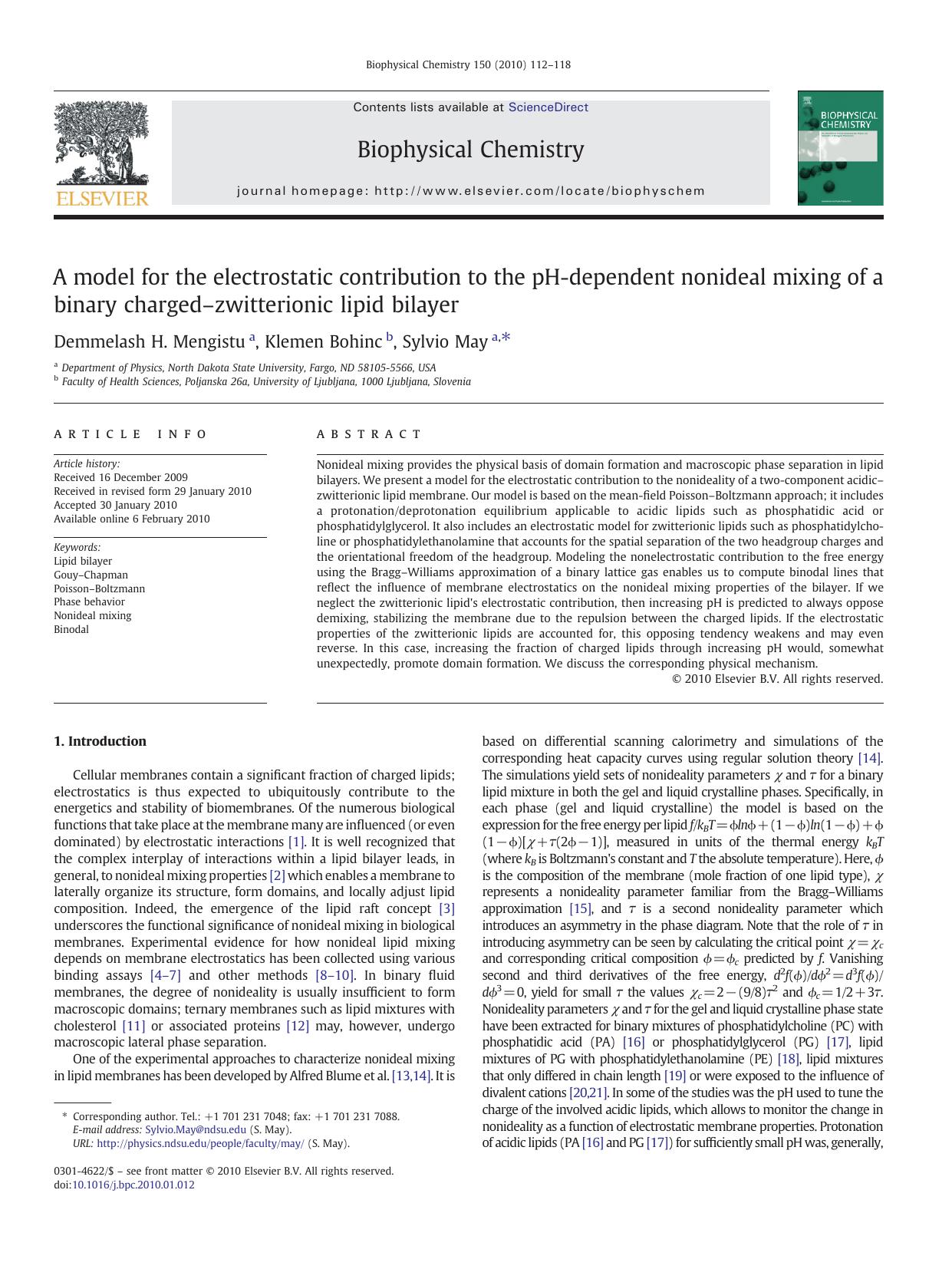 A model for the electrostatic contribution to the pH-dependent nonideal mixing of a binary chargedâzwitterionic lipid bilayer by Demmelash H. Mengistu; Klemen Bohinc; Sylvio May