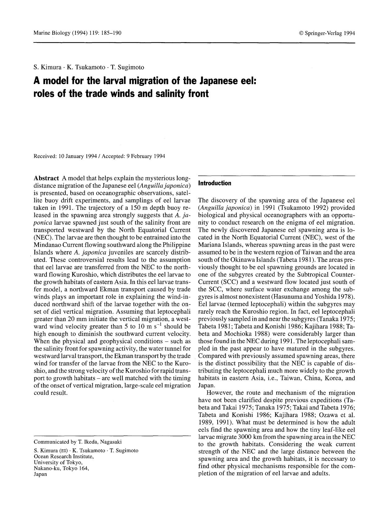 A model for the larval migration of the Japanese eel: roles of the trade winds and salinity front by Unknown