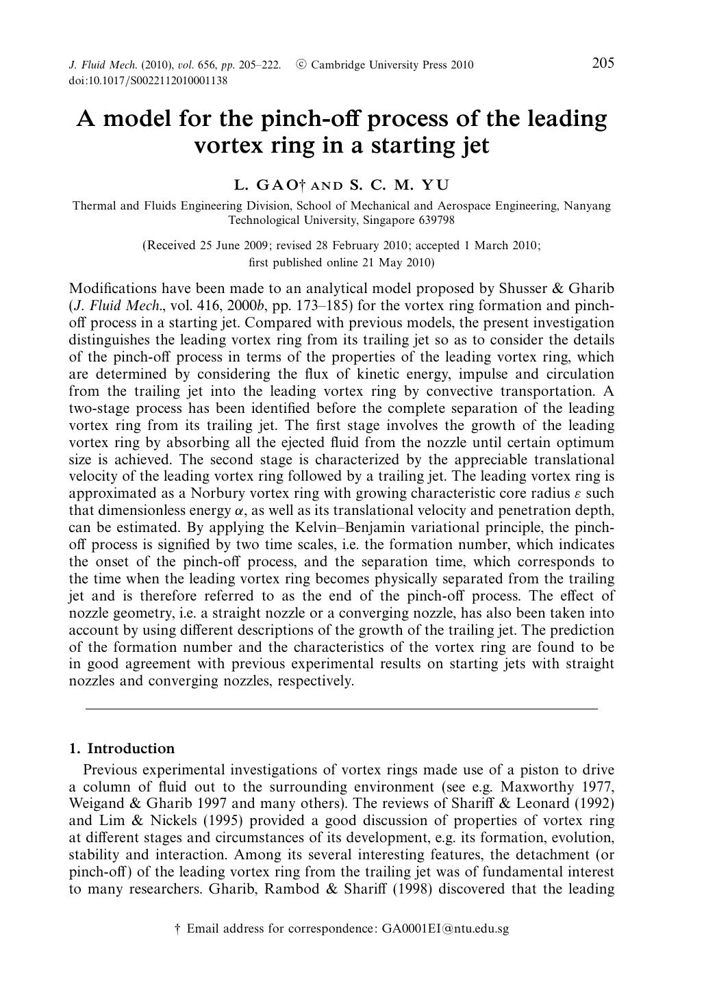 A model for the pinch-off process of the leading vortex ring in a starting jet by L. GAO S. C. M. YU