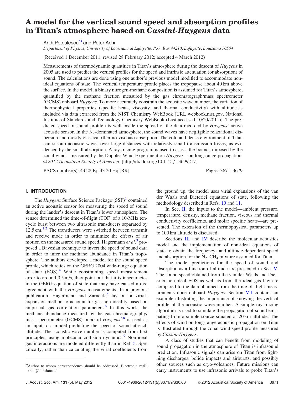 A model for the vertical sound speed and absorption profiles in Titan’s atmosphere based on Cassini-Huygens data by Andi Petculescua) and Peter Achi