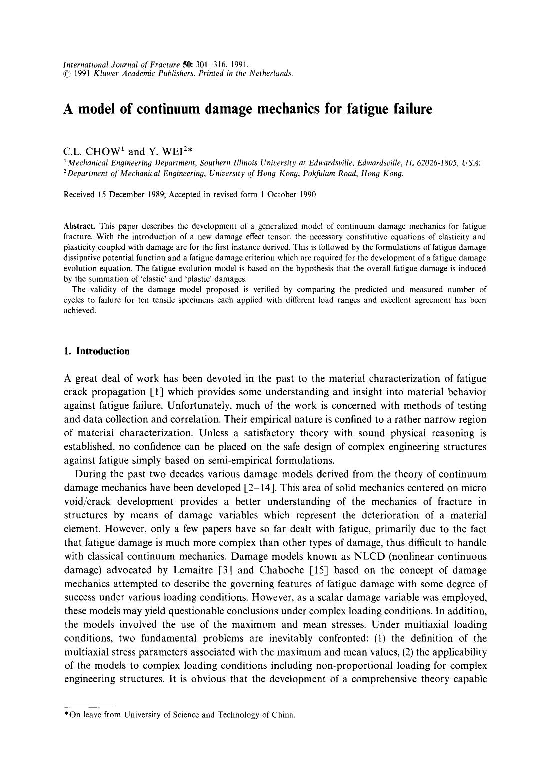 A model of continuum damage mechanics for fatigue failure by Unknown