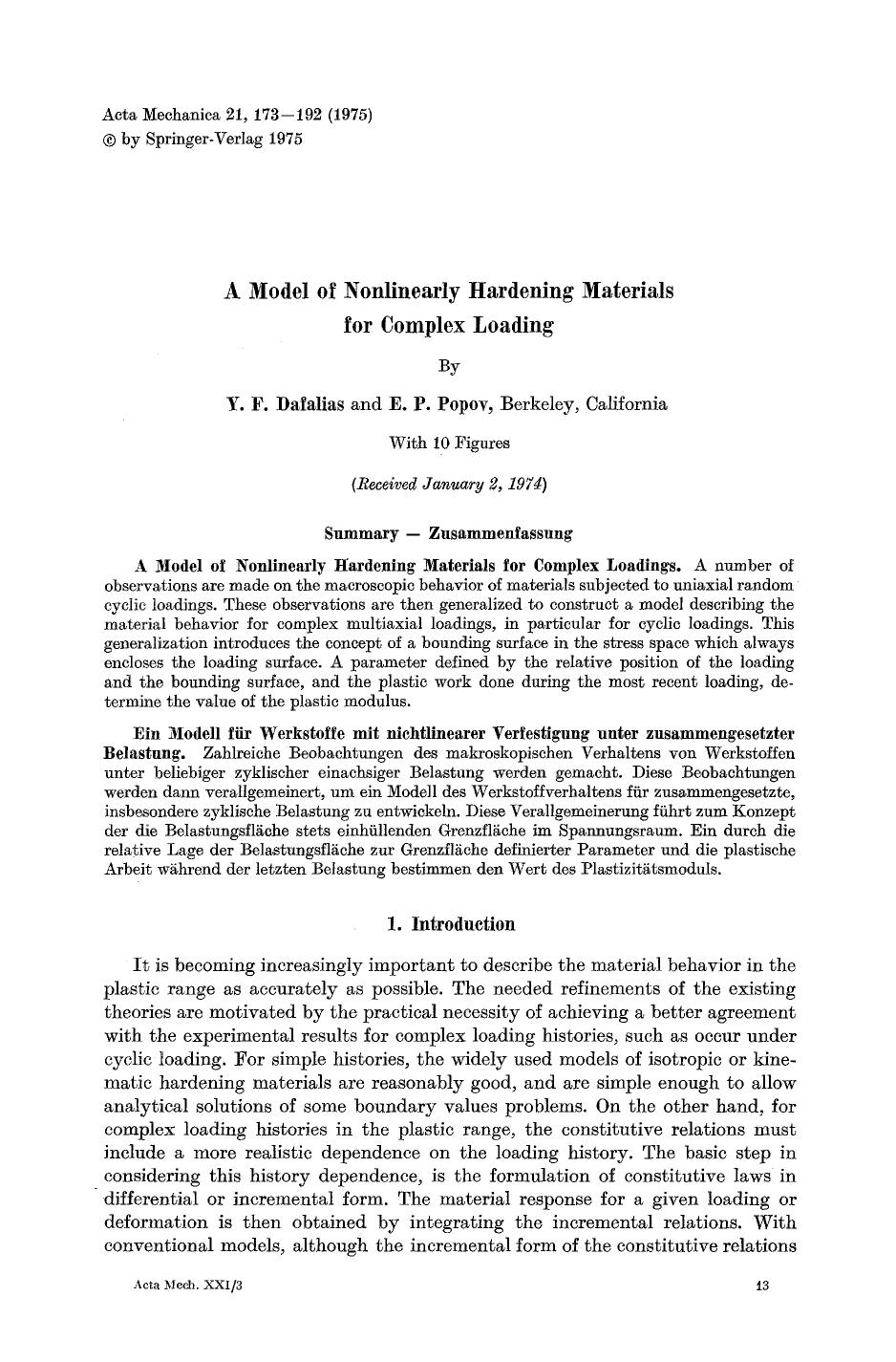 A model of nonlinearly hardening materials for complex loading by Unknown