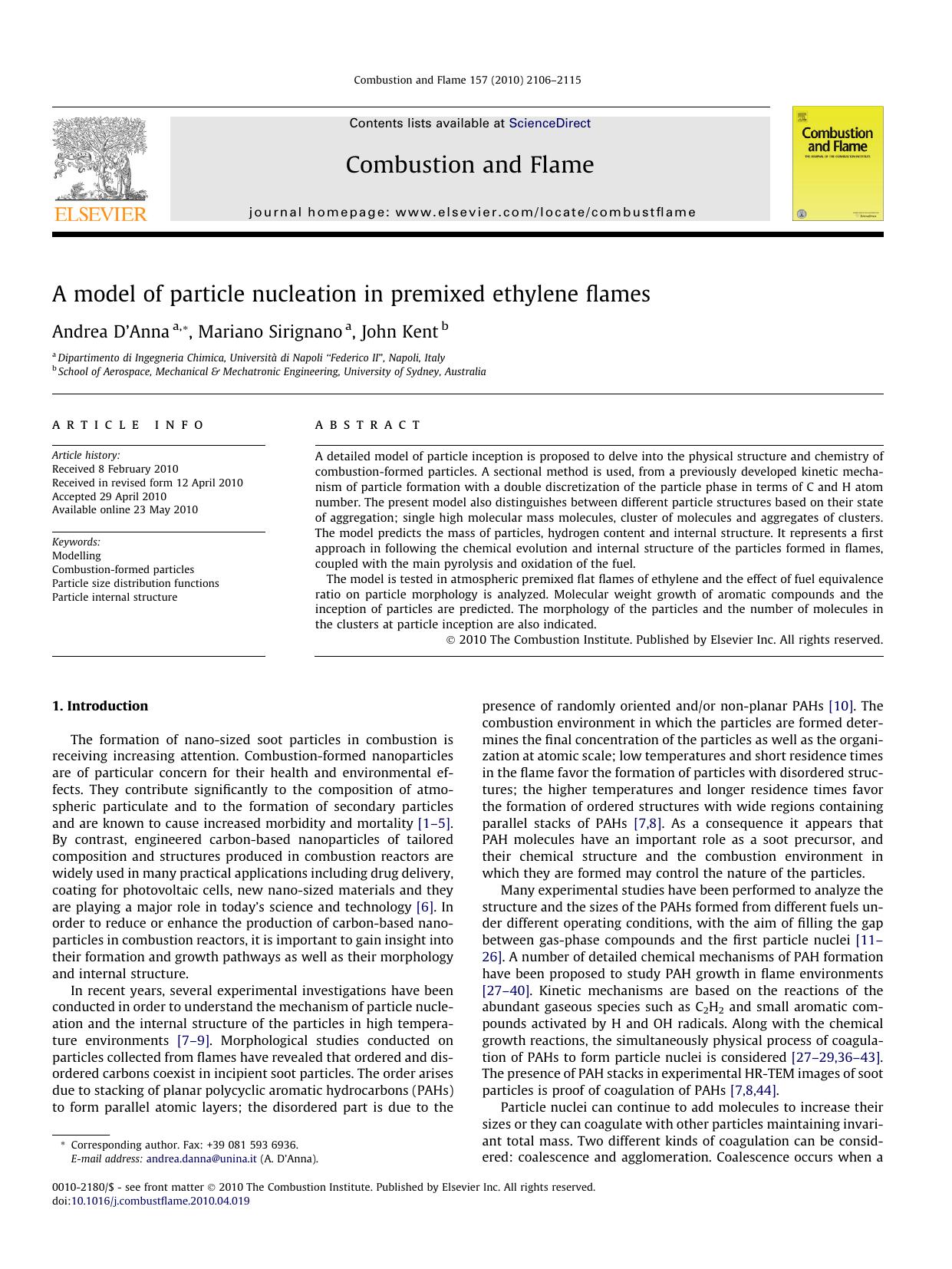 A model of particle nucleation in premixed ethylene flames by Andrea Dâ€™Anna & Mariano Sirignano & John Kent