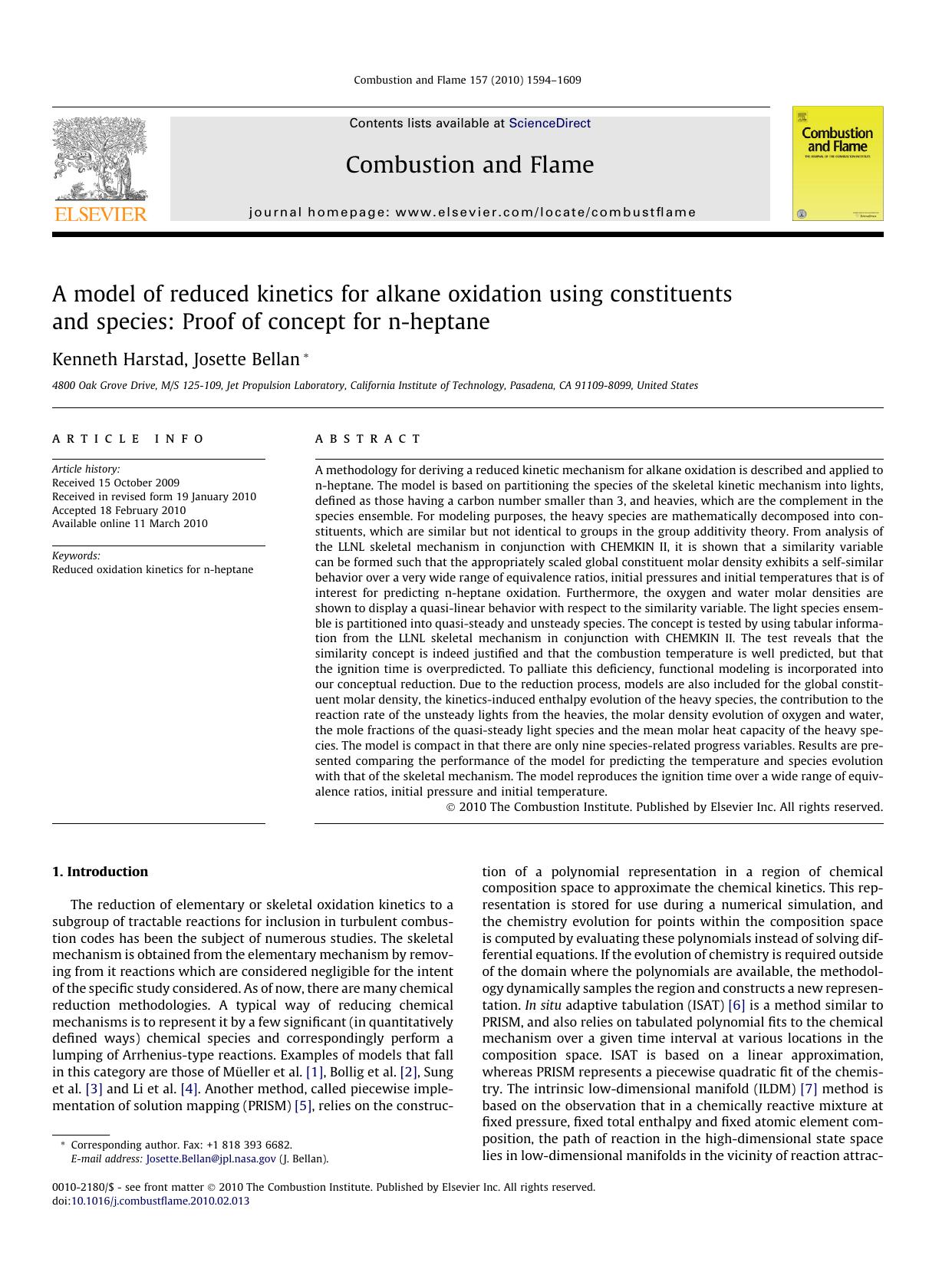 A model of reduced kinetics for alkane oxidation using constituents and species: Proof of concept for n-heptane by Kenneth Harstad & Josette Bellan