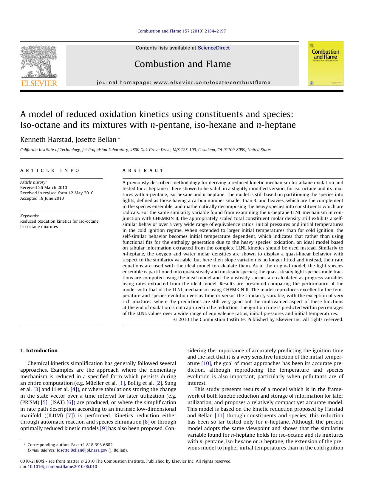 A model of reduced oxidation kinetics using constituents and species: Iso-octane and its mixtures with n-pentane, iso-hexane and n-heptane by Kenneth Harstad & Josette Bellan