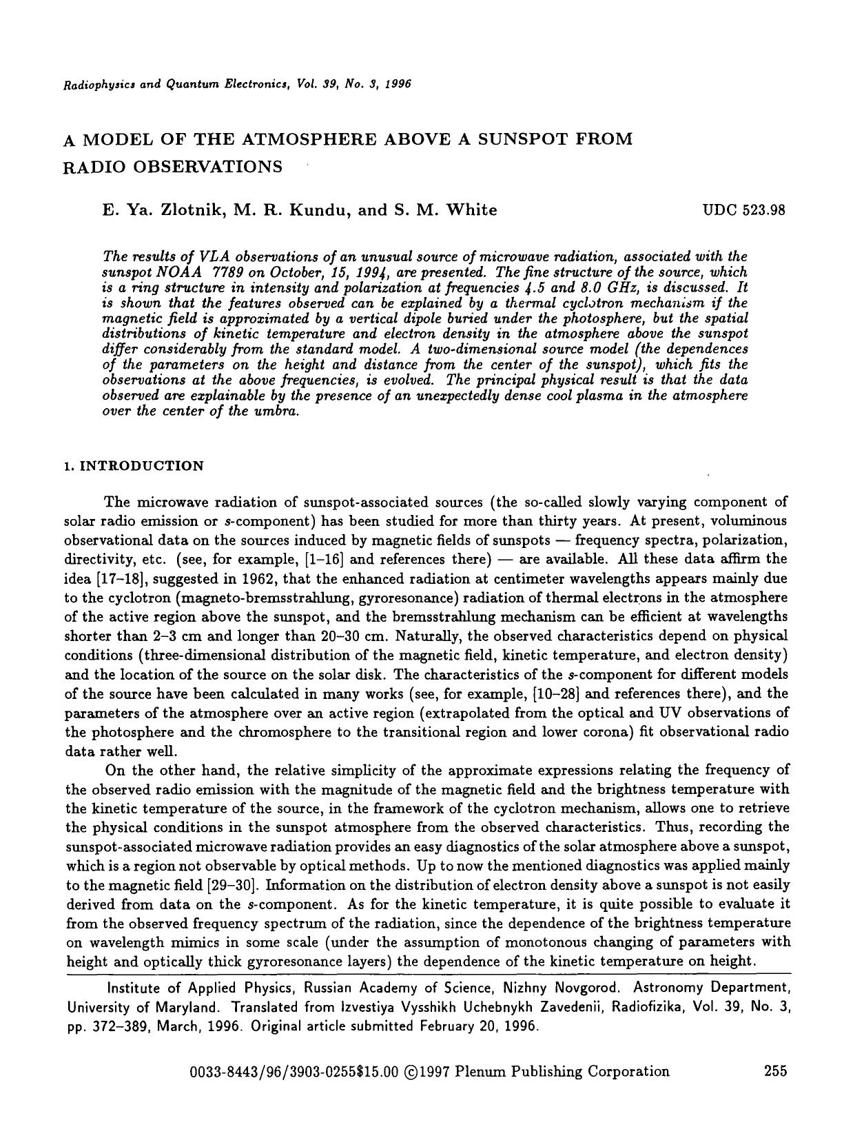 A model of the atmosphere above a sunspot from radio observations by Unknown