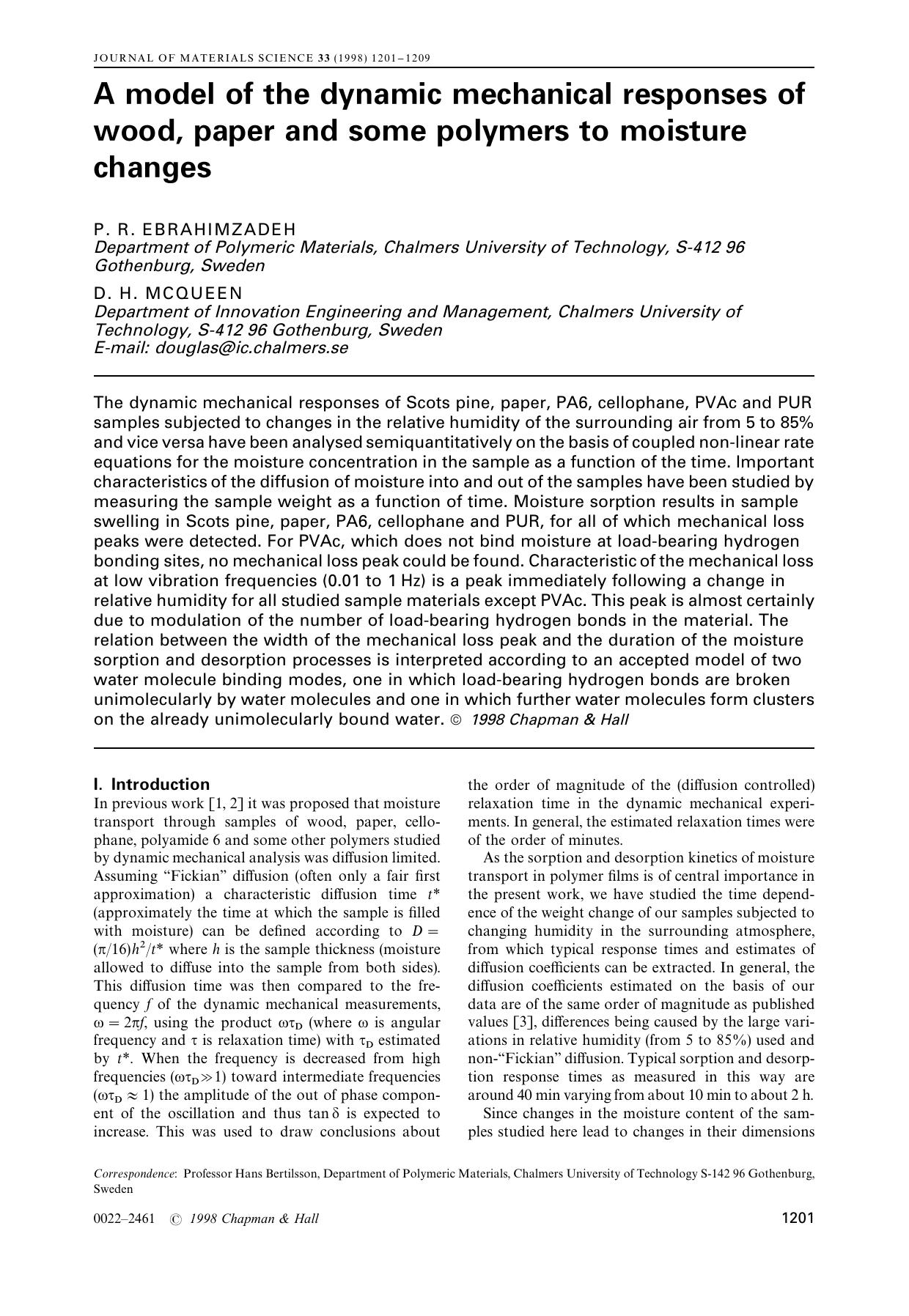 A model of the dynamic mechanical responses of wood, paper and some polymers to moisture changes by P. R. EBRAHIMZADEH D. H. MCQUEEN