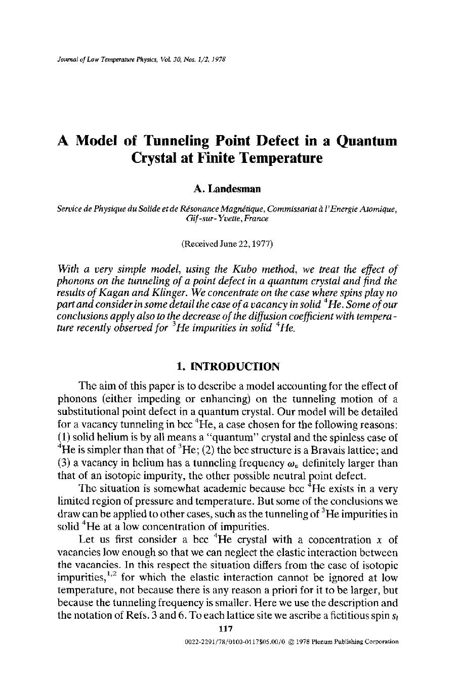 A model of tunneling point defect in a quantum crystal at finite temperature by Unknown