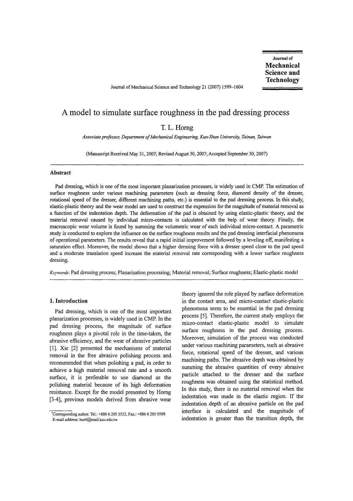 A model to simulate surface roughness in the pad dressing process by Unknown