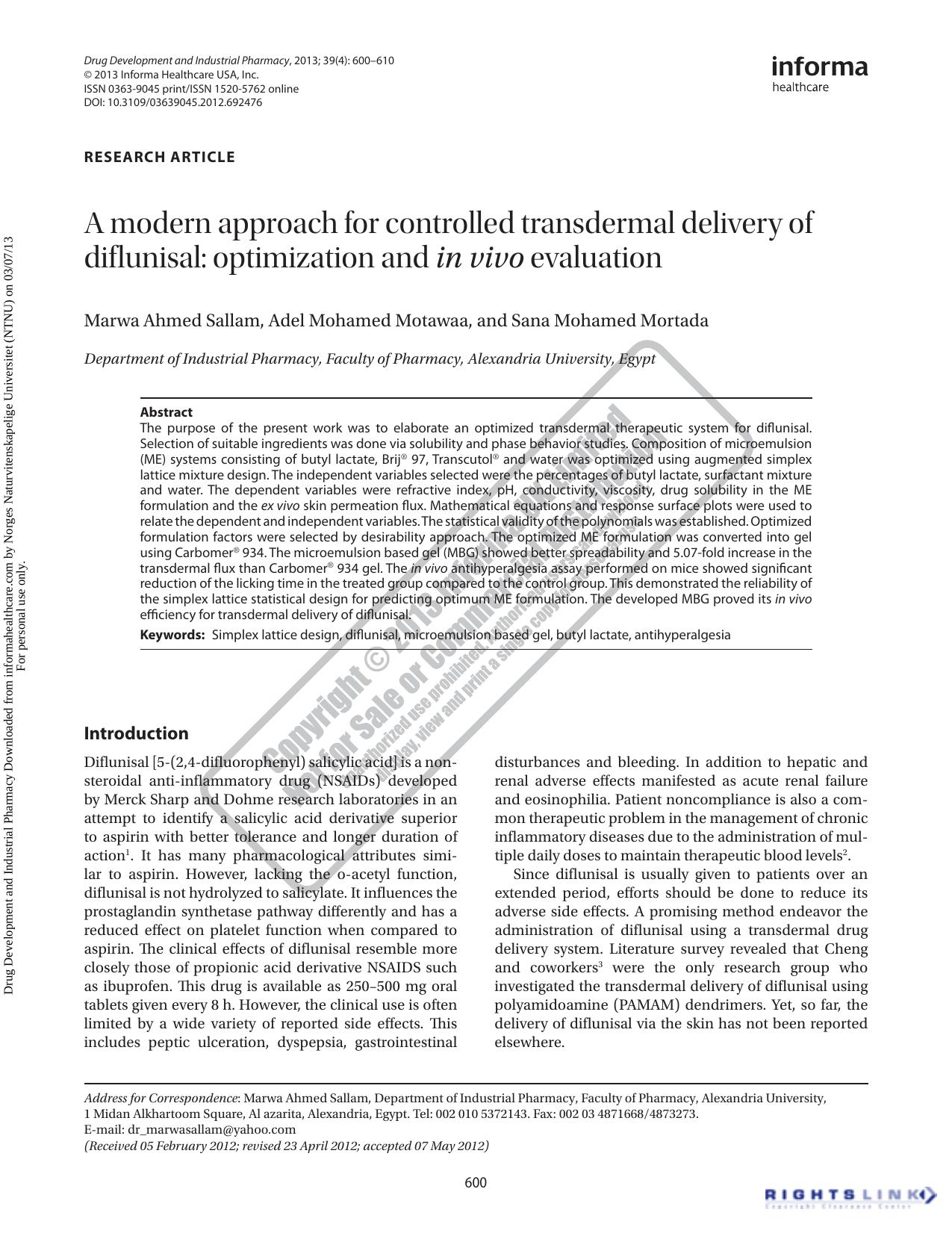A modern approach for controlled transdermal delivery of diflunisal: optimization and in vivo evaluation by Marwa Ahmed Sallam Adel Mohamed Motawaa & Sana Mohamed Mortada