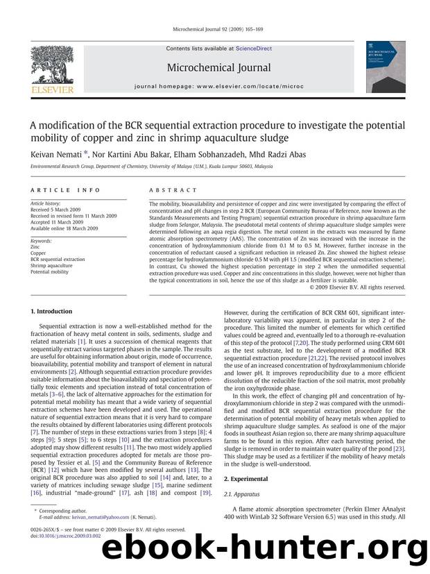 A modification of the BCR sequential extraction procedure to investigate the potential mobility of copper and zinc in shrimp aquaculture sludge by Keivan Nemati; Nor Kartini Abu Bakar; Elham Sobhanzadeh; Mhd Radzi Abas