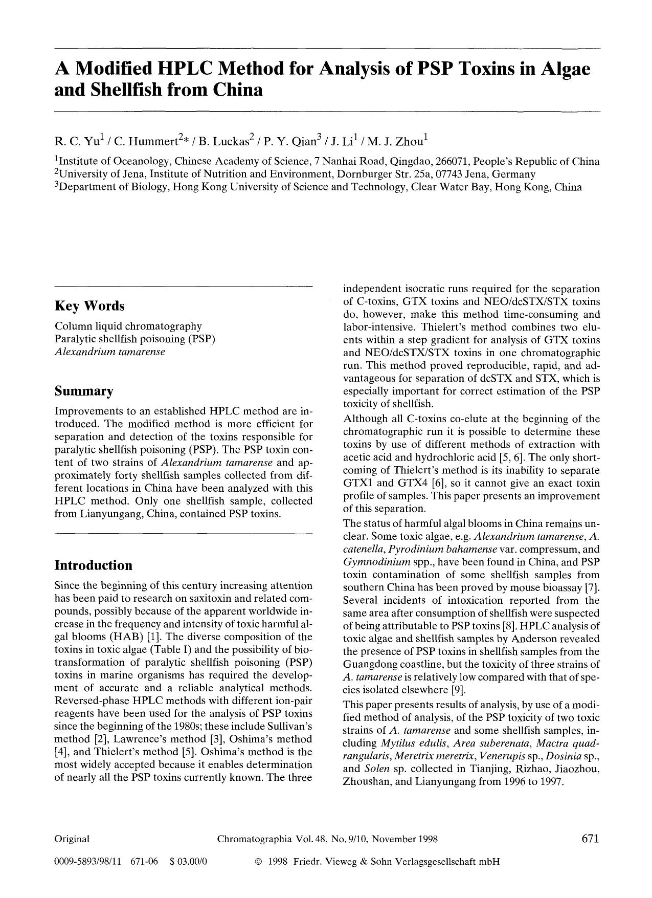 A modified HPLC method for analysis of PSP toxins in algae and shellfish from china by Unknown
