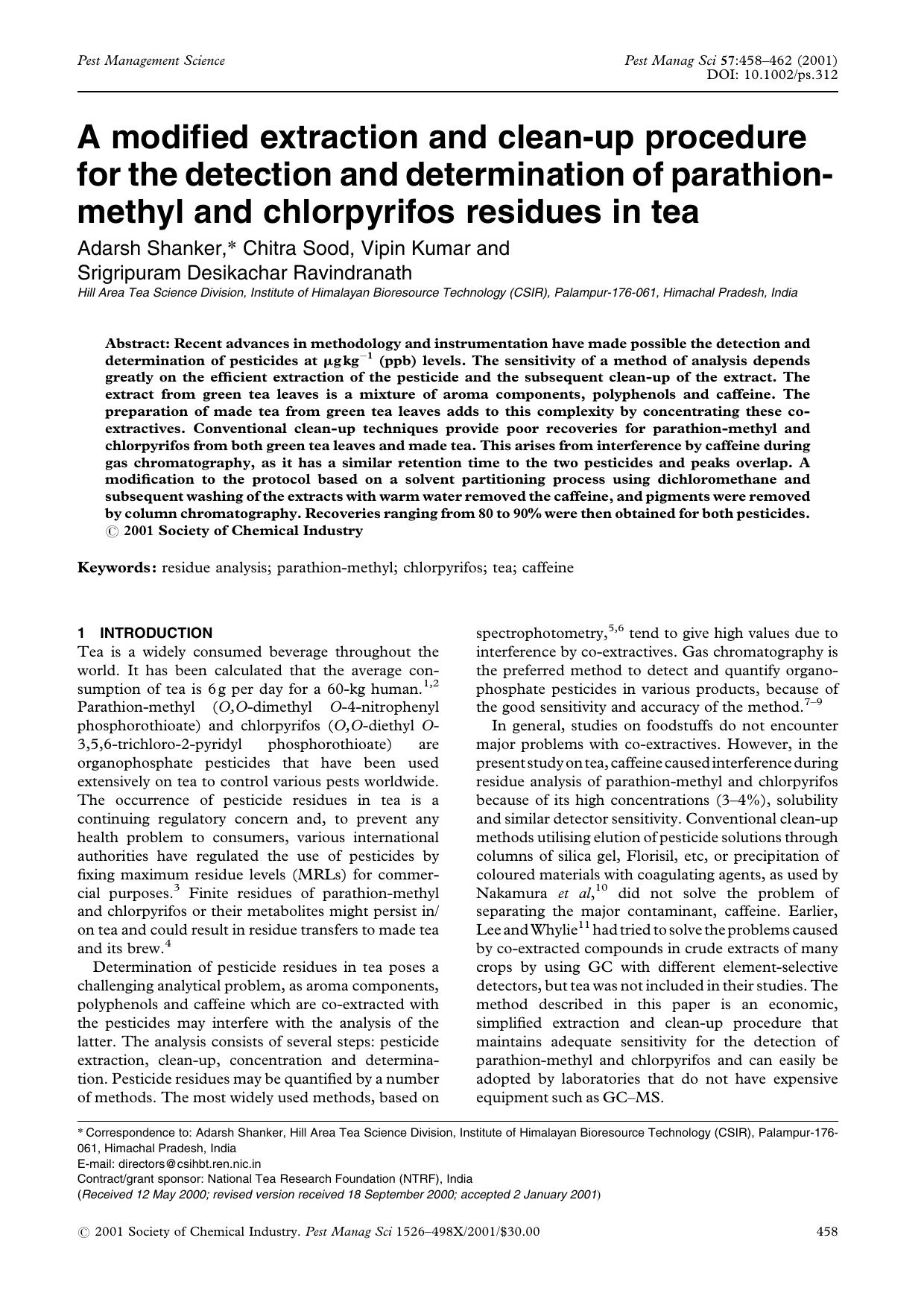 A modified extraction and clean-up procedure for the detection and determination of parathion-methyl and chlorpyrifos residues in tea by Unknown