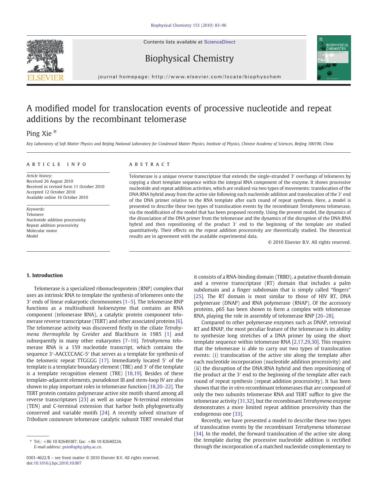 A modified model for translocation events of processive nucleotide and repeat additions by the recombinant telomerase by Ping Xie