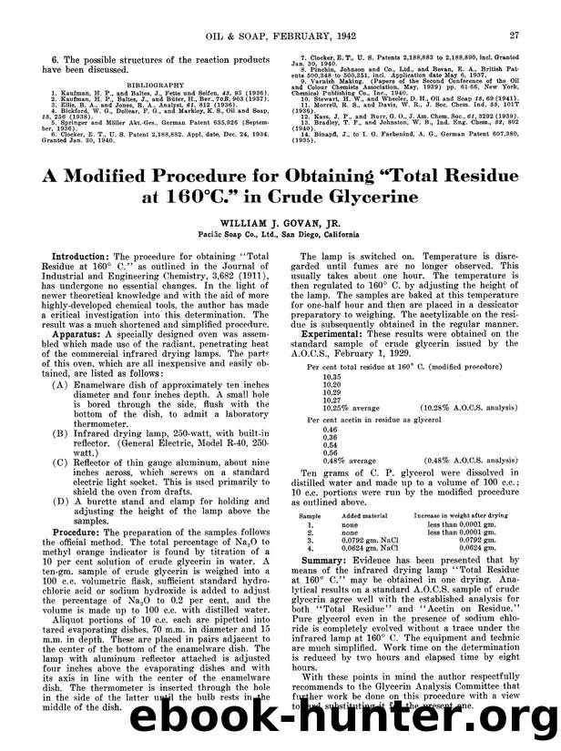 A modified procedure for obtaining &#x201C;Total Residue at 160&#x00B0;C.&#x201D; in crude glycerine by Unknown