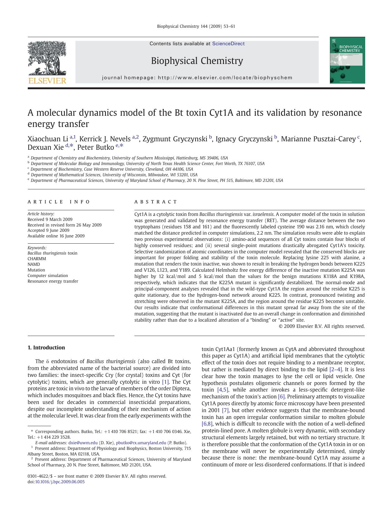 A molecular dynamics model of the Bt toxin Cyt1A and its validation by resonance energy transfer by unknow