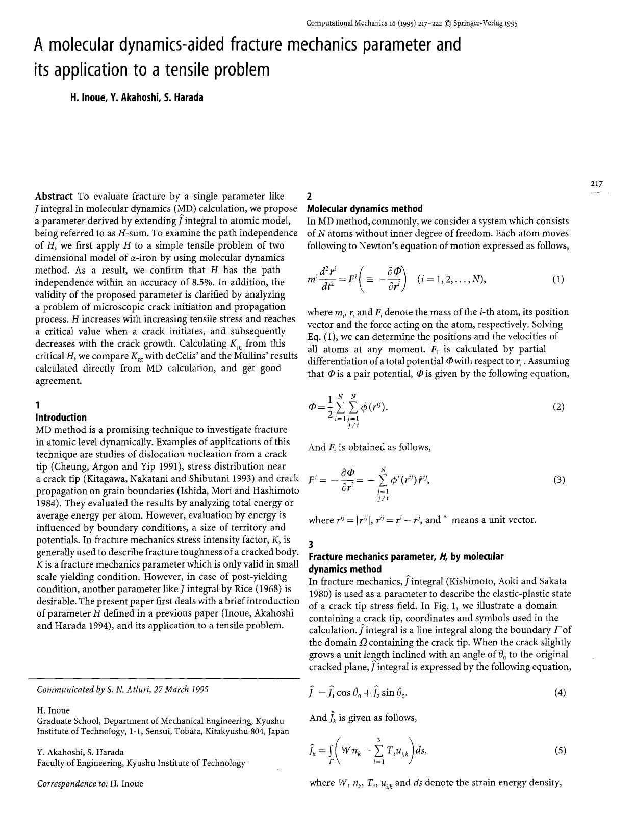 A molecular dynamics-aided fracture mechanics parameter and its application to a tensile problem by Unknown