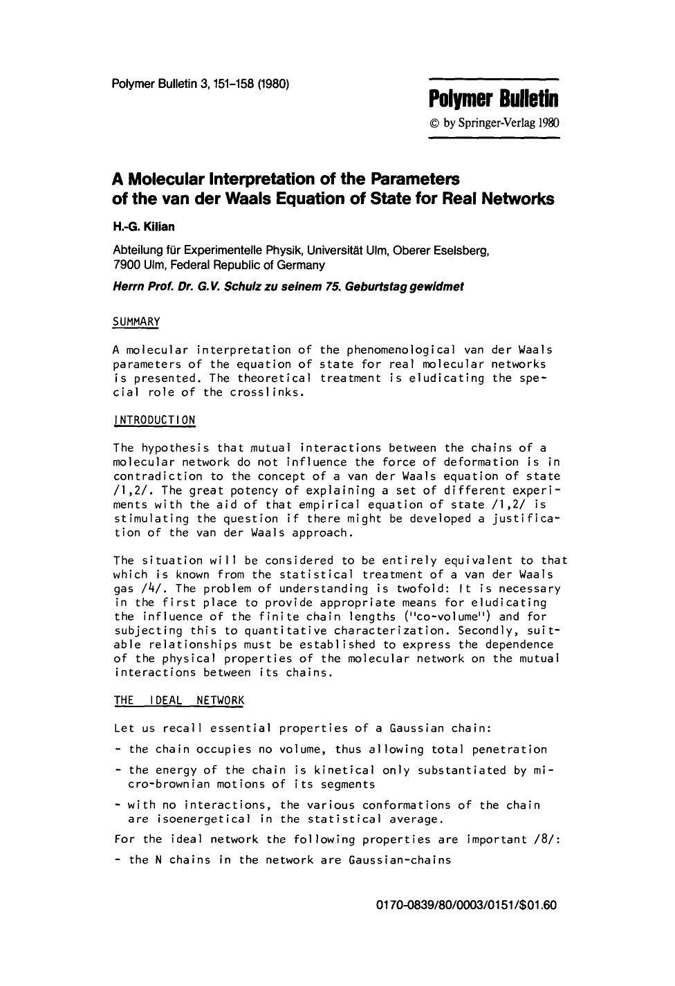 A molecular interpretation of the parameters of the van der Waals equation of state for real networks by Unknown
