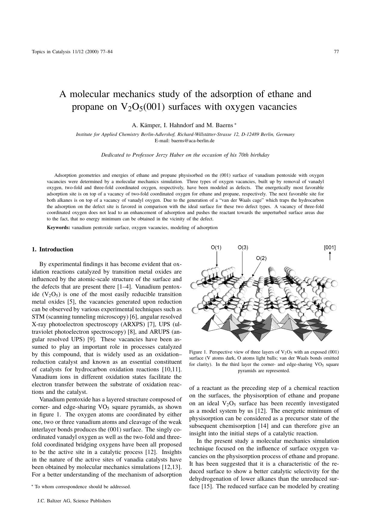 A molecular mechanics study of the adsorption of ethane and propane on V<Subscript>2<Subscript>O<Subscript>5<Subscript>(001) surfaces with oxygen vacancies by Unknown