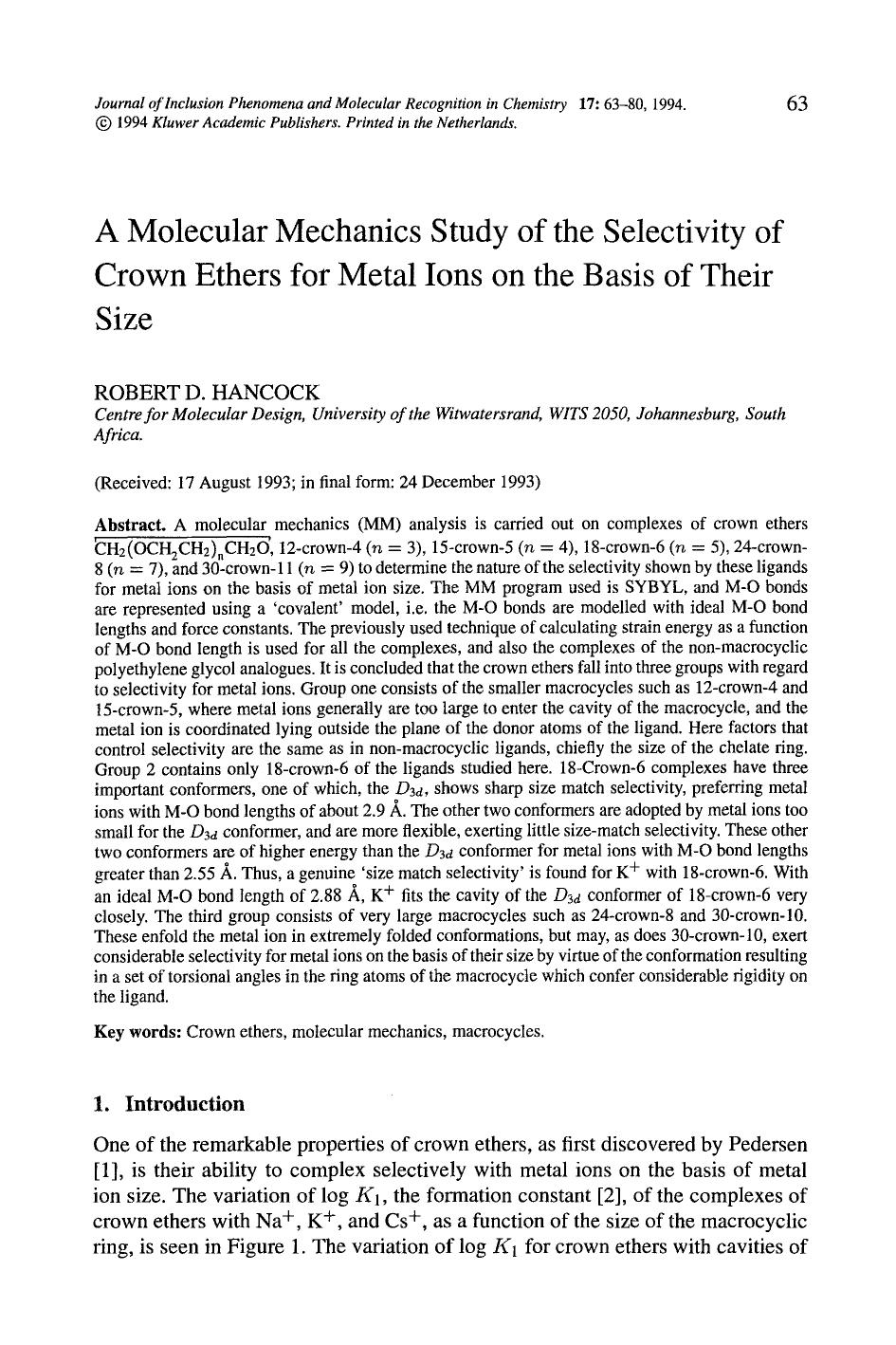 A molecular mechanics study of the selectivity of crown ethers for metal ions on the basis of their size by Unknown