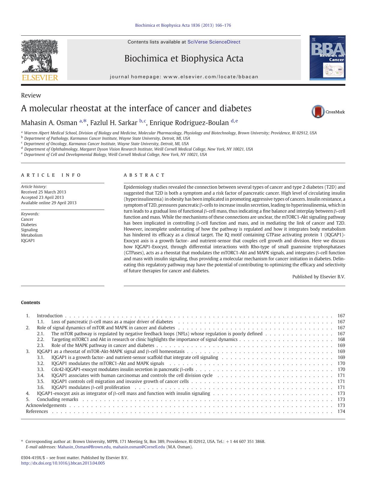 A molecular rheostat at the interface of cancer and diabetes by Mahasin A. Osman & Fazlul H. Sarkar & Enrique Rodriguez-Boulan