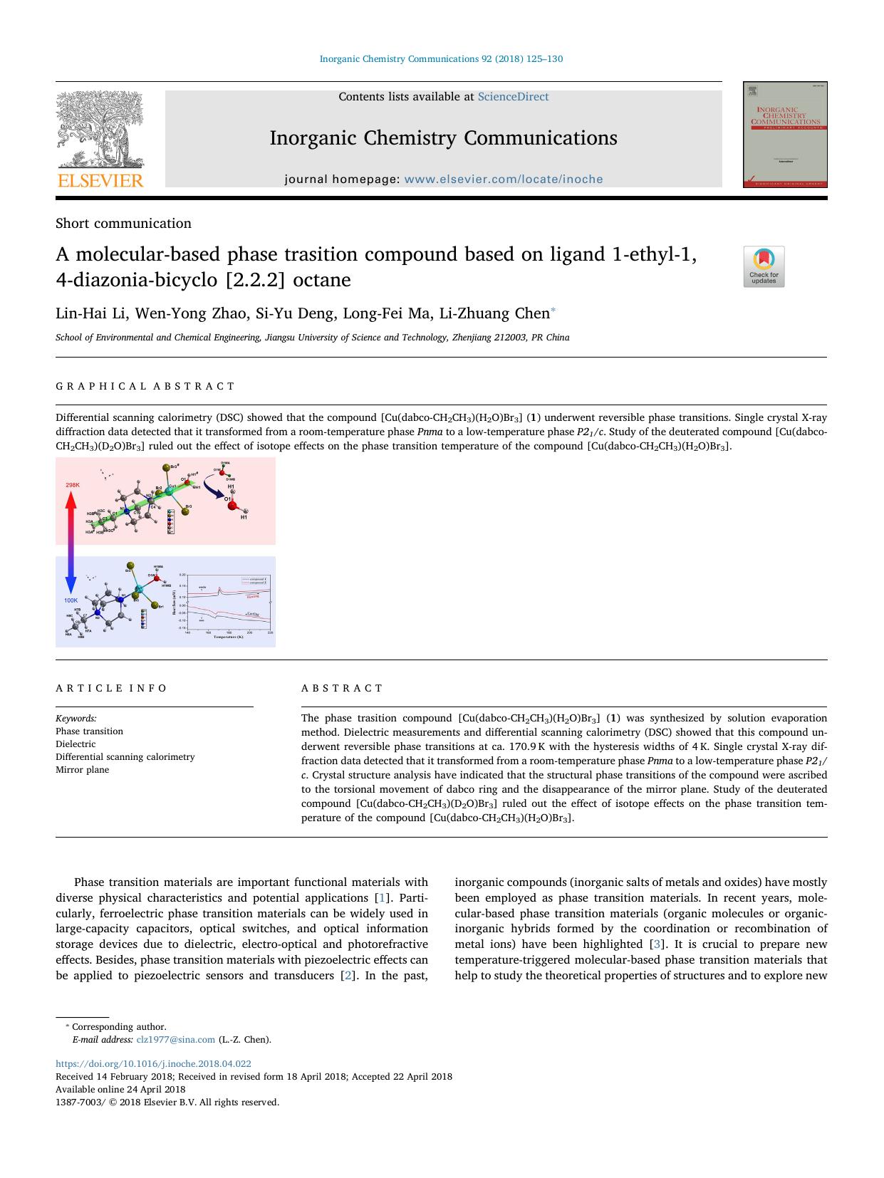 A molecular-based phase trasition compound based on ligand 1-ethyl-1,4-diazonia-bicyclo [2.2.2] octane by Lin-Hai Li & Wen-Yong Zhao & Si-Yu Deng & Long-Fei Ma & Li-Zhuang Chen